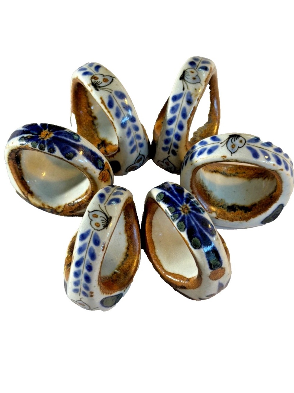 Vintage Ken Edwards Tonala Mexican Pottery Napkin Rings Set of 6 Signed KE